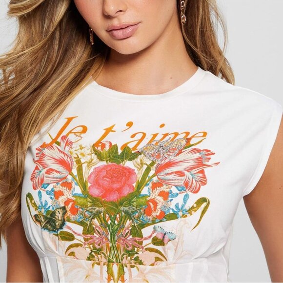Guess Eco | Je T'aime Corset Tee Floral Graphic in Pure White | Size Medium - Picture 3 of 12